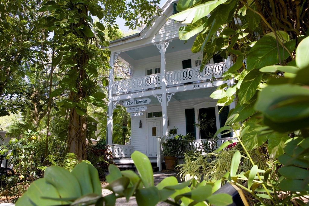 White Victorian house surrounded by lush greenery and trees