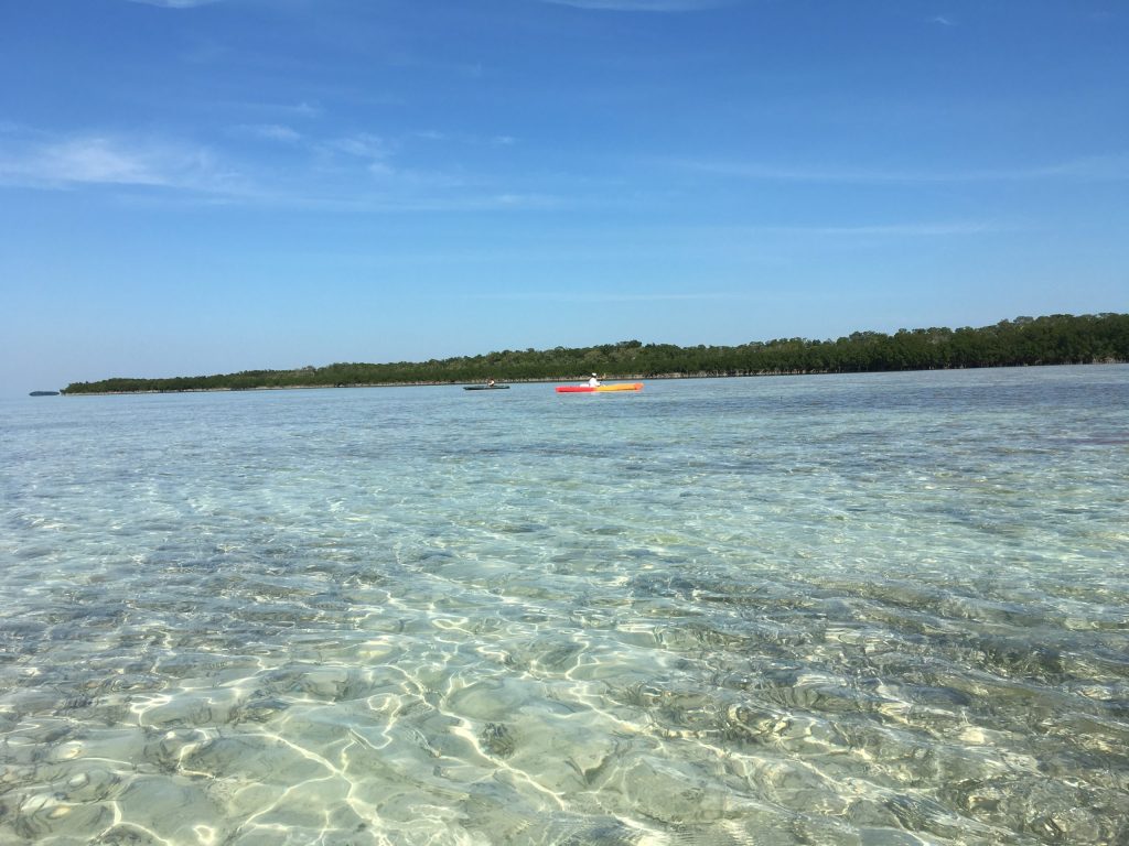 Clear blue waters and distant kayak on a sunny day at the shore