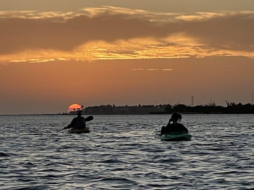 Kayakers paddling at sunset on a tranquil ocean scene